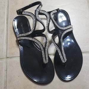 Bamboo Black Rhinestone Jelly Sandals, Sz 6
